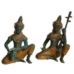 Pair Thai Bronze Sculpture Figures of Musicans