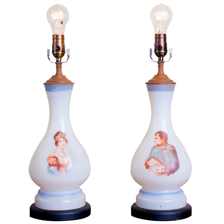 Pair of 19th Century French Opaline Glass Napoleon and Josephine Table Lamps