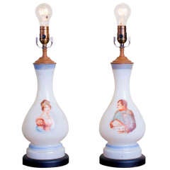 Pair of 19th Century French Opaline Glass Napoleon and Josephine Table Lamps