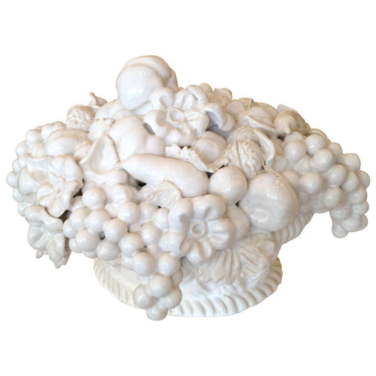 Italian White Glazed Pottery Basket of Fruit Centerpiece