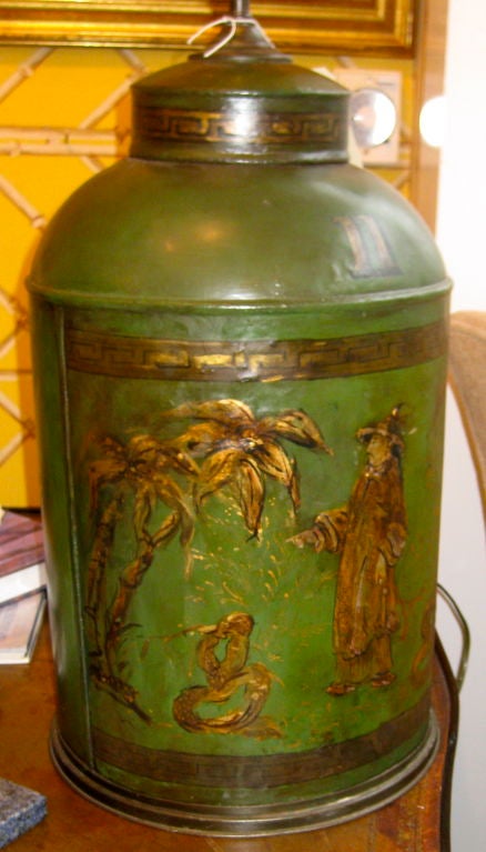 19th Century English Chinese Style Painted Green Tole Tin Lamp
