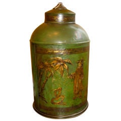 19th Century English Chinese Style Painted Green Tole Tin Lamp