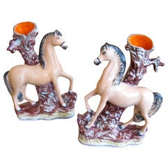 Pair of 19th Century English Staffordshire Horse Spill Vases