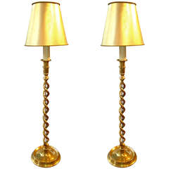 Pair of English 19th Century Brass Twisted Tall Candlesticks as Lamps
