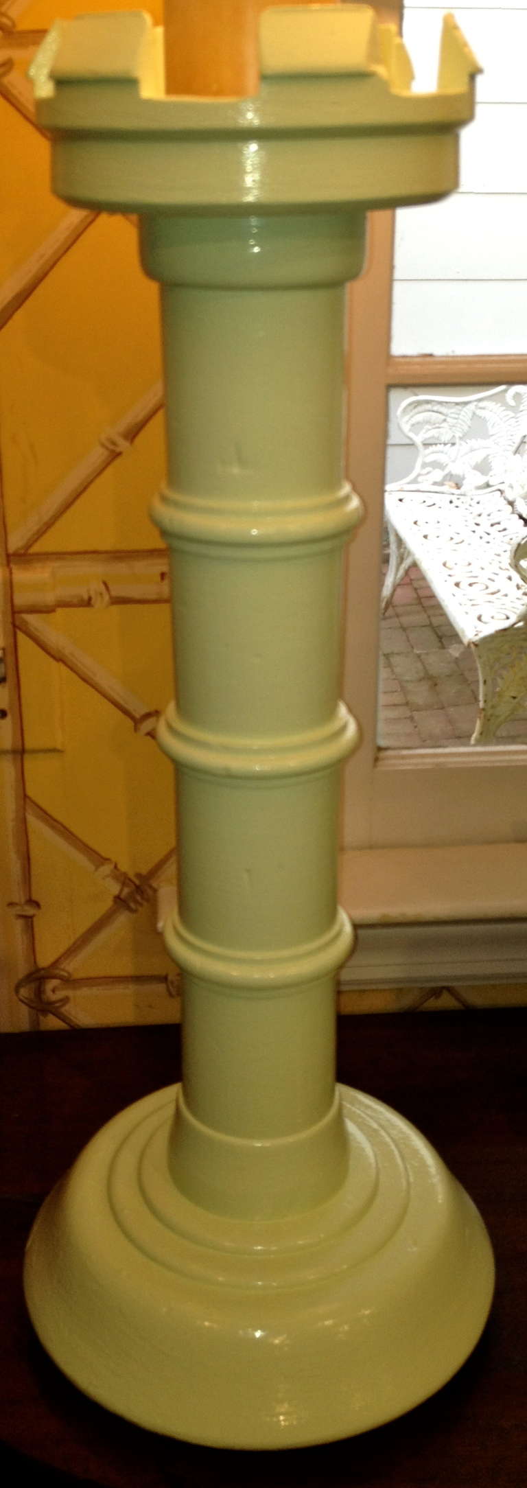 Gothic Revival Pair of 19th Century English Oak Candlesticks Painted Celadon as Lamps