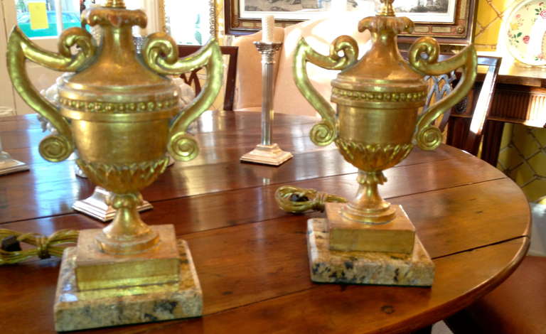 Other Pair of 18th Century Water Gilt Gold Urn Candlesticks as Lamps