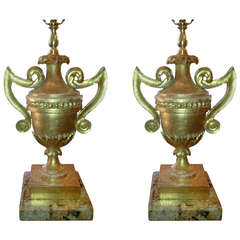 Pair of 18th Century Water Gilt Gold Urn Candlesticks as Lamps