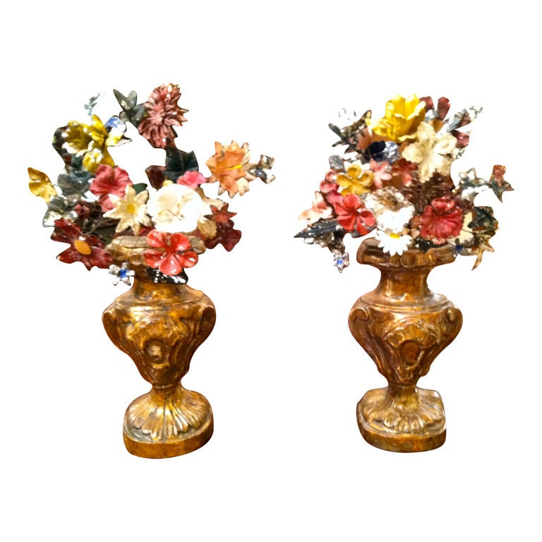 19th Century French Painted Tole Flowers in Giltwood Bases