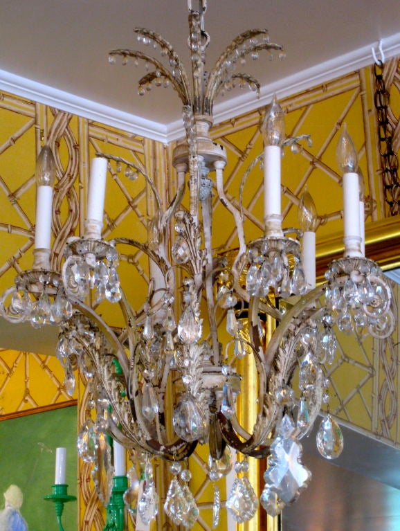 19th century Venetian painted white tole, iron and crystal chandelier.