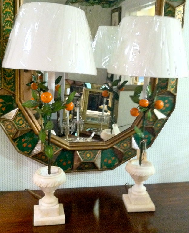 Pair of Italian Tole and Marble Orange Tree Lamps In Excellent Condition In Southampton, NY