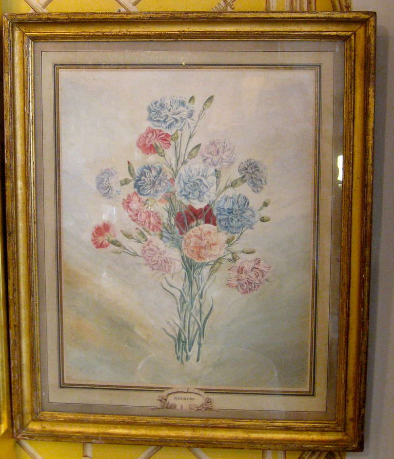 Regency Pair of Dutch 18th Century Floral Watercolors of Roses and Carnations