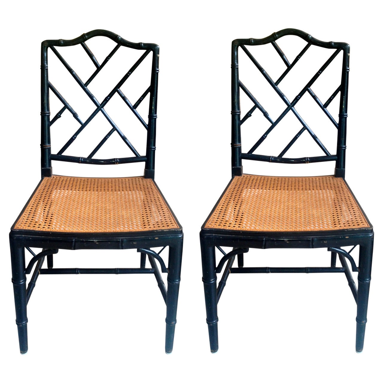 Pair of Black Lacquered Bamboo Side Chairs For Sale