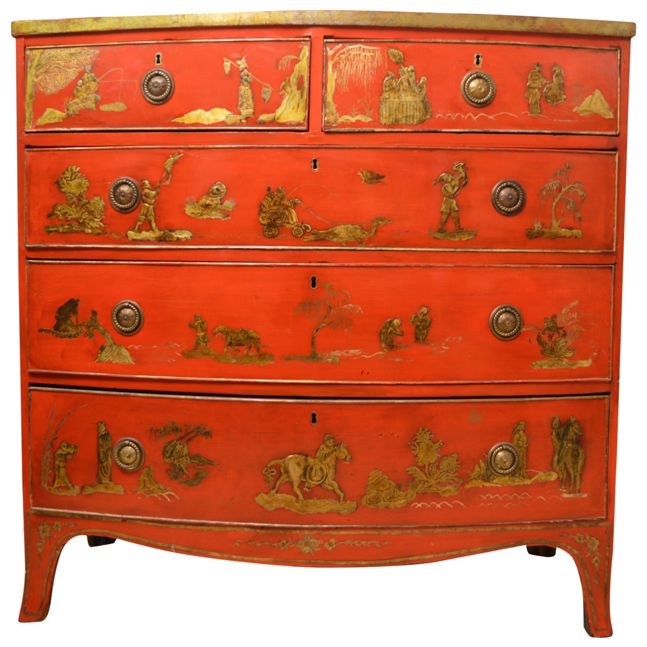 Commode Hepplewhite du 19ème siècle en laque rouge avec façade en forme de nœud et chinoiserie en vente