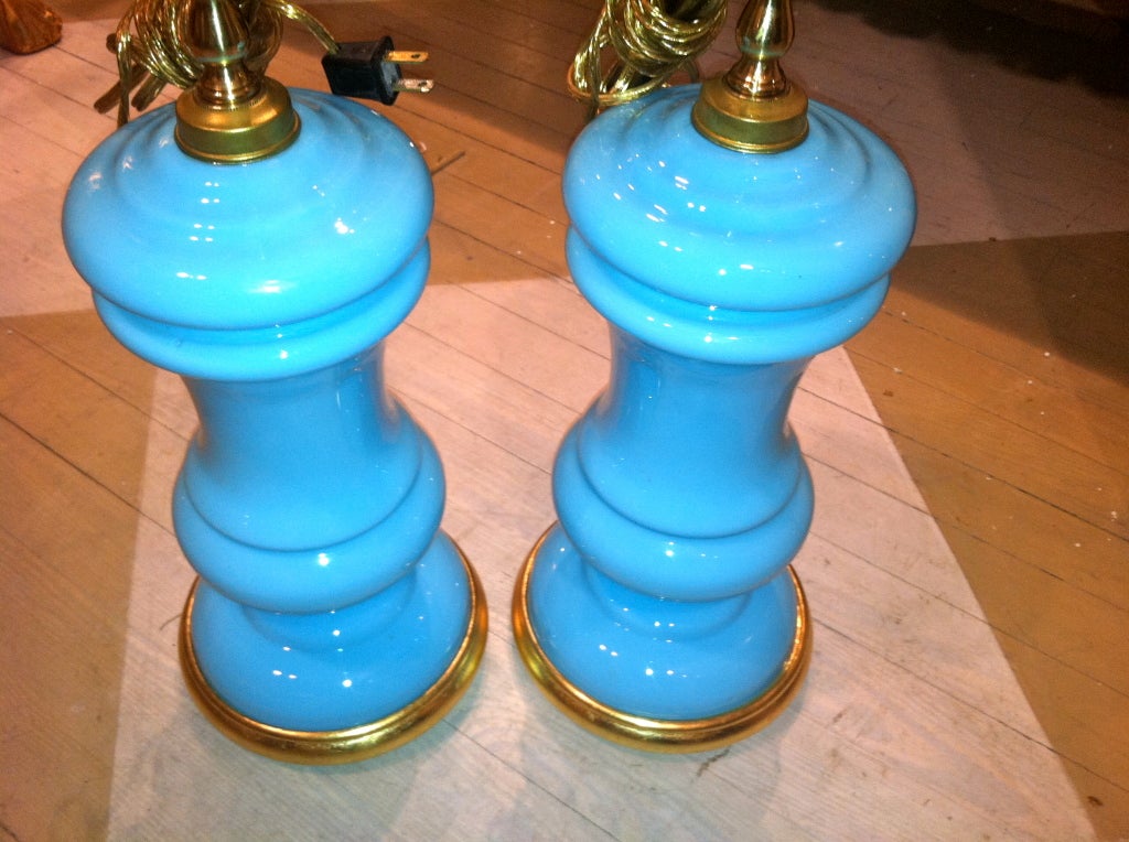 Pair of 19th Century French Aqua Blue Milk Glass Lamps