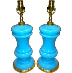 Pair of 19th Century French Aqua Blue Milk Glass Lamps