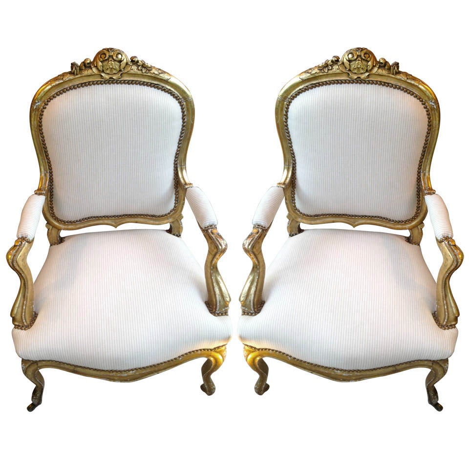 Pair of 19th Century French Watergilt Gold Leaf Armchairs