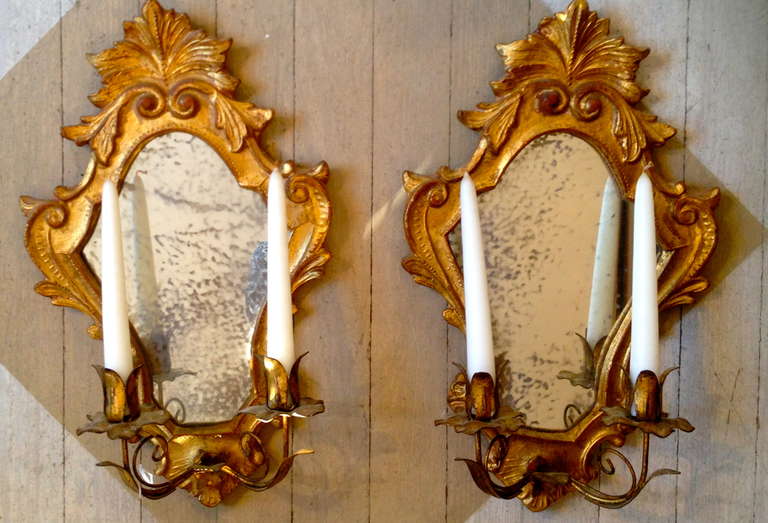Pair of Venetian Gold Leaf and Mirror Sconces