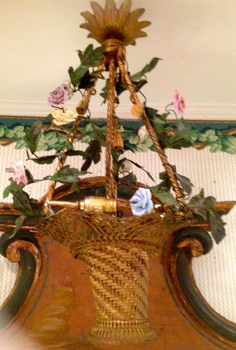 Late 19th century French bronze woven basket with St Cloud
Porcelain flowers as a chandelier.