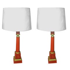 Pair of English Red Tole Lamps