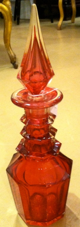 Late 19th century English cranberry glass decanter.