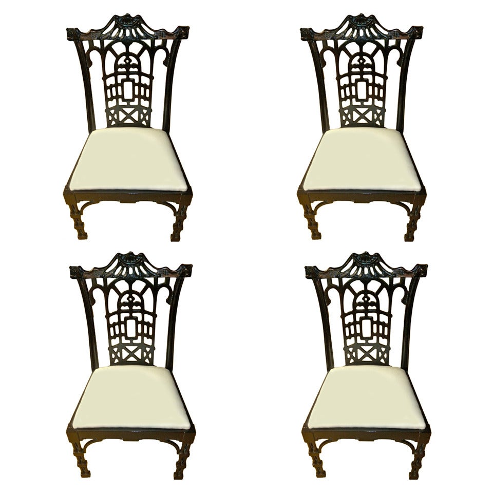 Set of Four American Black Lacquered Chinese Chippendale Style Chairs
