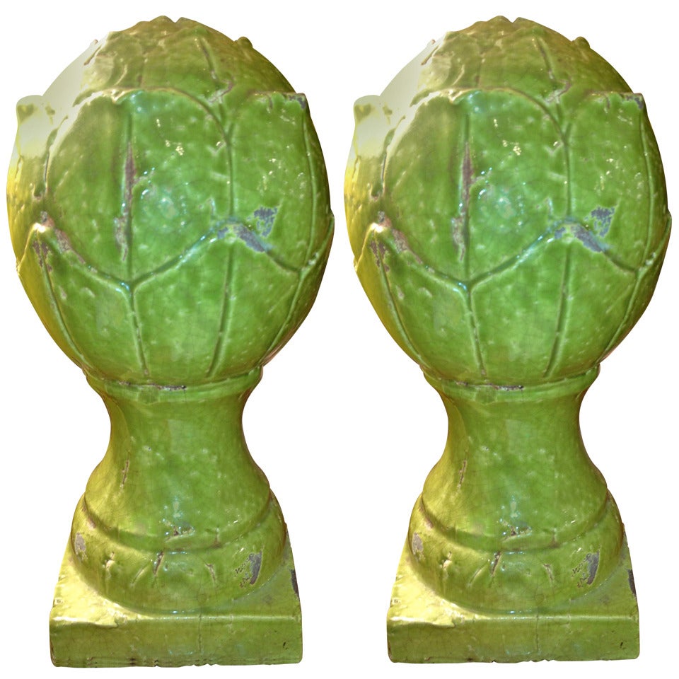 Pair of Italian Green Majolica Artichokes