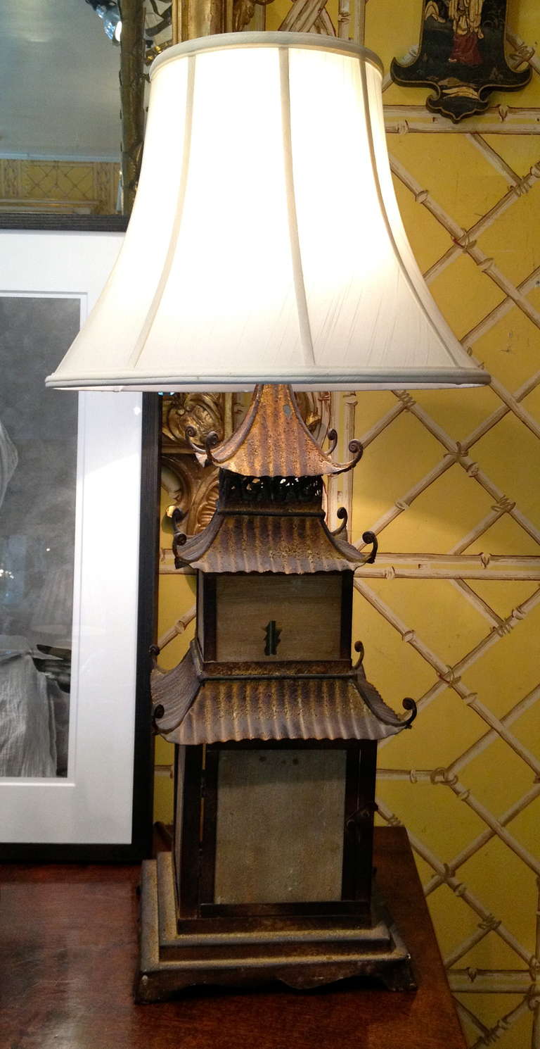 Hollywood Regency Pair of Italian Pagoda Tole Lamps