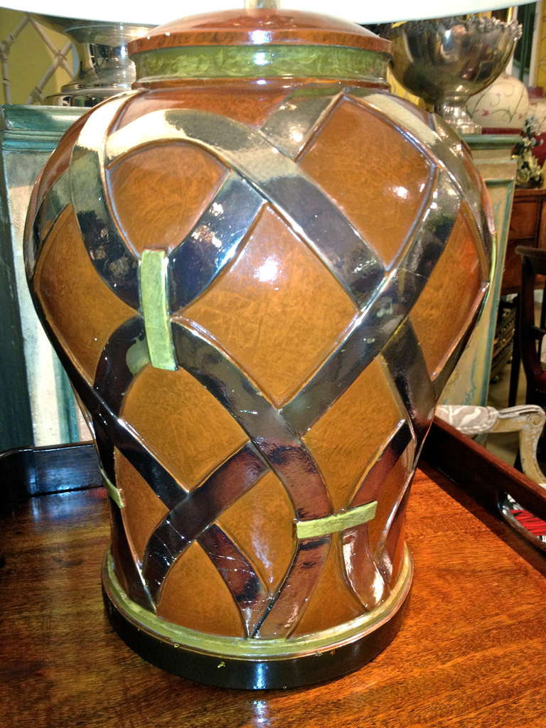 American Brown Lacquered and Gilt Vase Shape Lamp