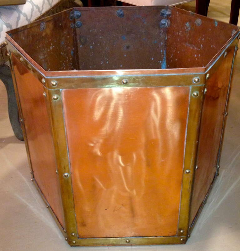 French 19th century copper and brass bin for fire place.