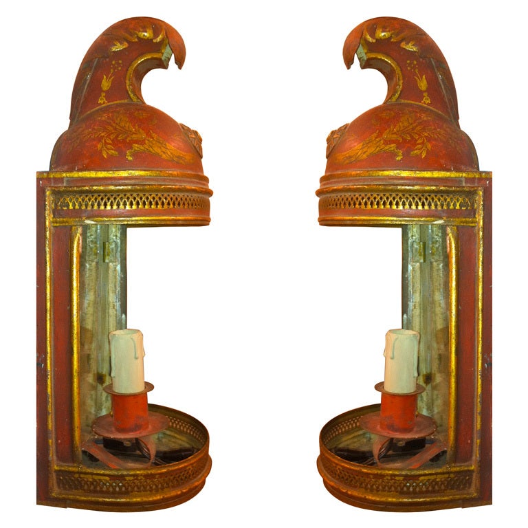 Pair of 19th Century French Red Tole Helmut Sconces