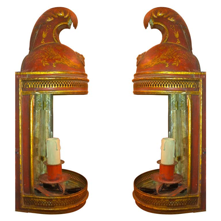 French Magnificant Pair of Magnificant Large French 19th Century Original Painted Tole ...
