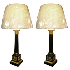 Pair of Italian Black, Gold and Mirror Column Lamps