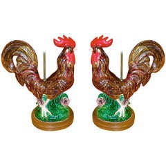 Pair of Late 19th Century English Staffordshire Roosters As Lamps