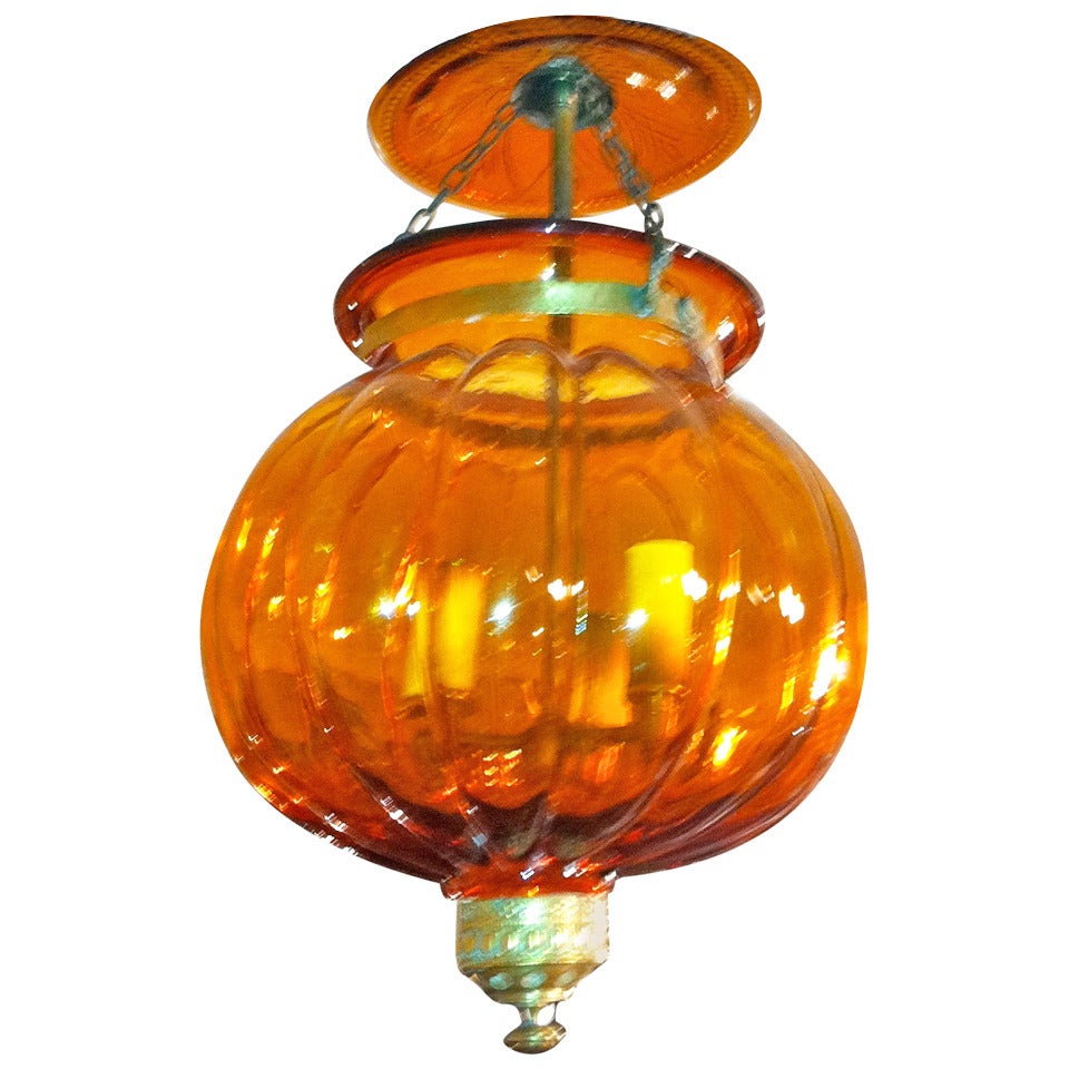 19th Century Anglo-Indian Amber Pumpkin Shape Bell Jar Lantern