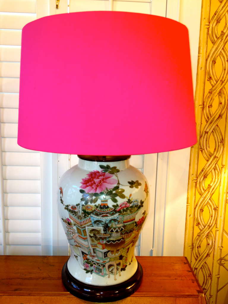 19th Century Chinese Tung Chih Temple Jar Vase As Lamp
On Custom Made Mahogany Base With A a Pink Silk Shade