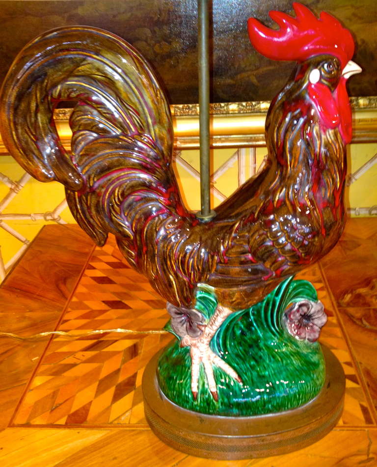 Pair of Late 19th Century English Staffordshire Roosters As Lamps