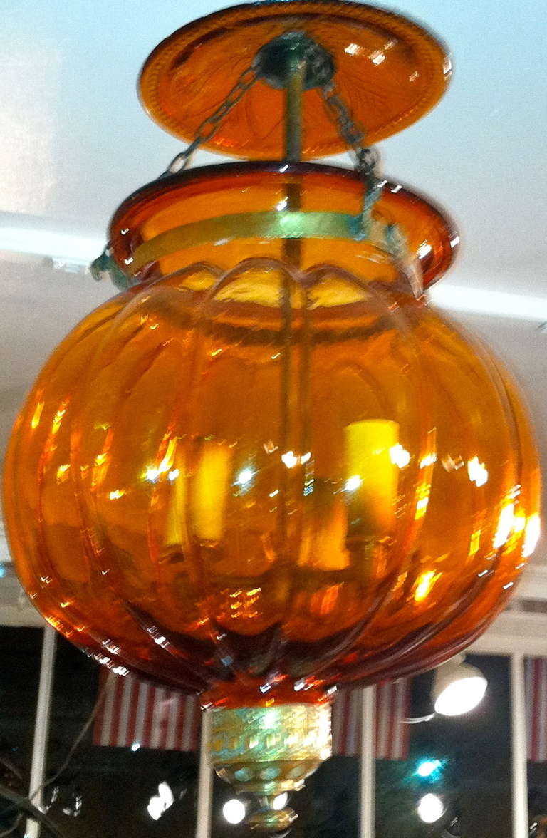 19th century Anglo-Indian amber pumpkin shape bell jar lantern.