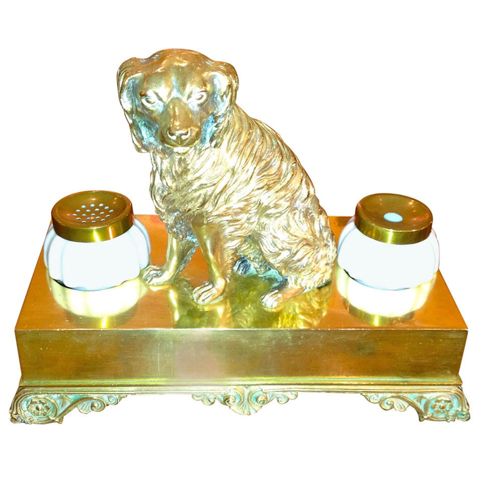 19th Century English Brass and Milk Glass Dog Inkwell For Sale