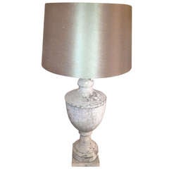 19th Century American Painted Wooden Urn As A Lamp With A Pewter Silk Shade