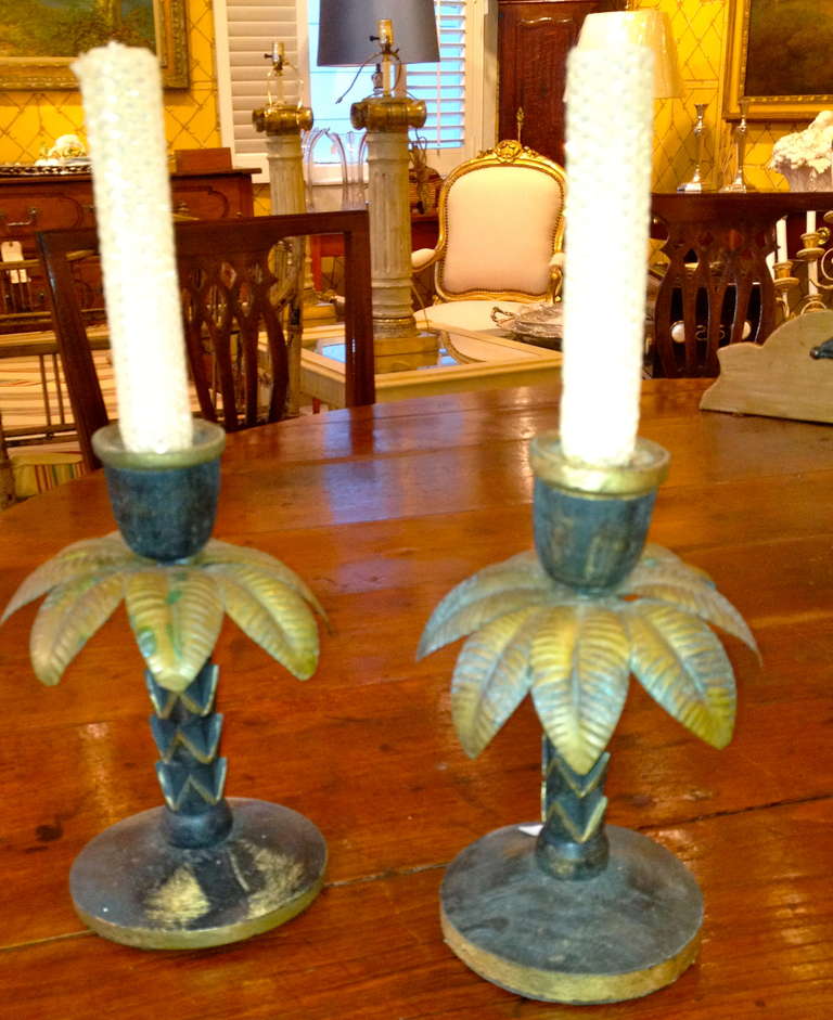 Pair of Italian Painted Tole And Wooden Palm Tree Candlesticks In Good Condition In Southampton, NY