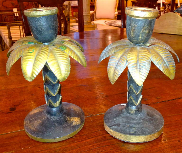 Hollywood Regency Pair of Italian Painted Tole And Wooden Palm Tree Candlesticks