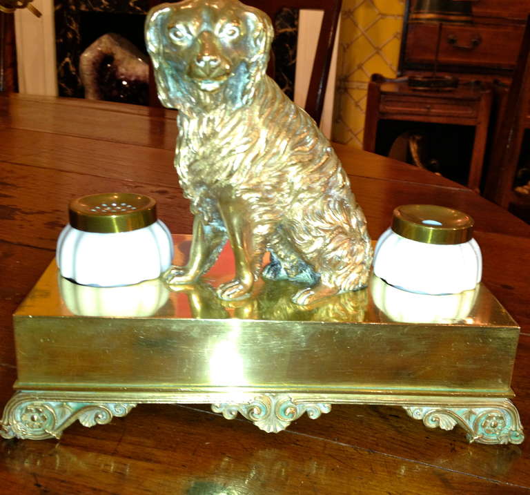 British 19th Century English Brass and Milk Glass Dog Inkwell For Sale