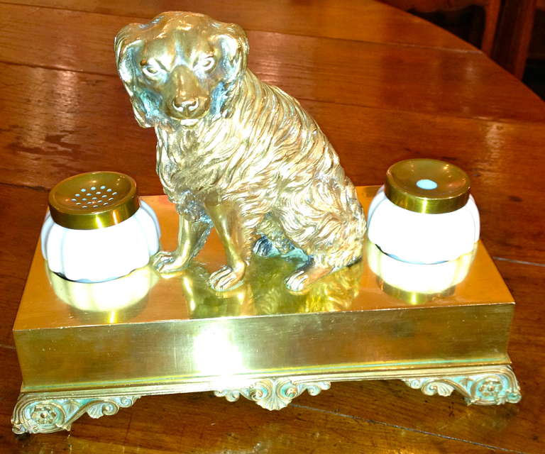 19th century English brass and milk glass dog inkwell.