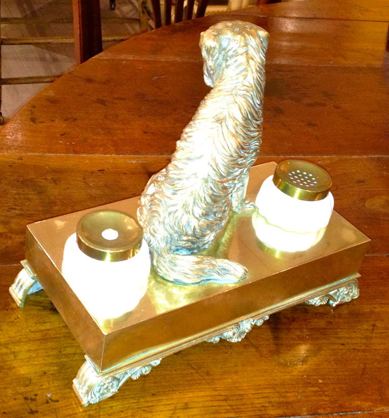 Victorian 19th Century English Brass and Milk Glass Dog Inkwell For Sale