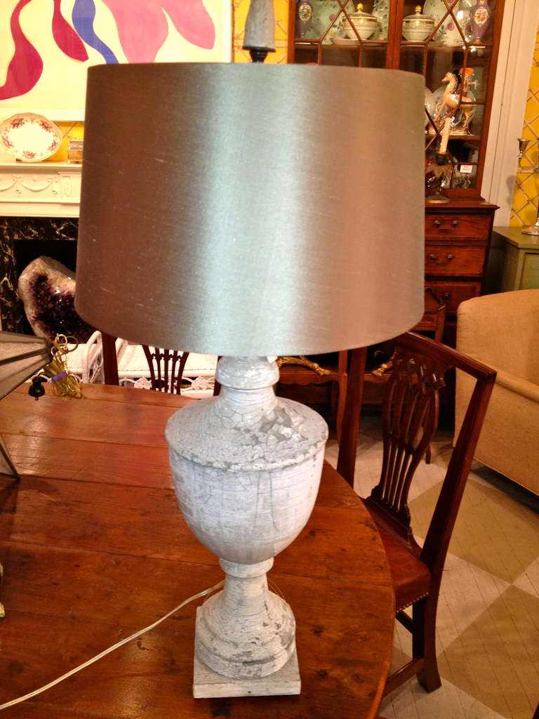 19th Century American Painted Wooden Urn As A Lamp With A Pewter Silk Shade