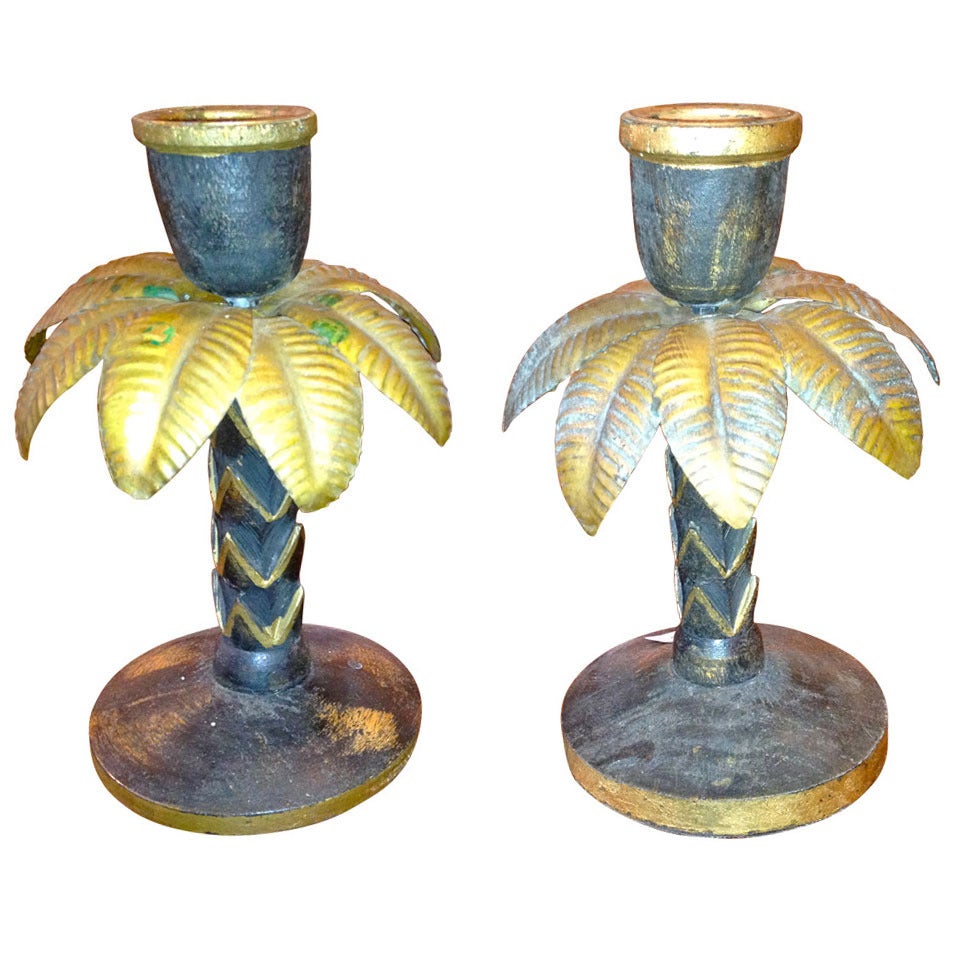 Pair of Italian Painted Tole And Wooden Palm Tree Candlesticks