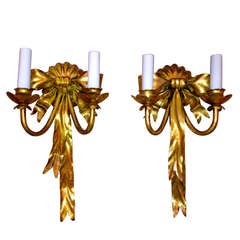 Pair of Italian Gilt Tole Bow Sconces Pair of Italian Gilt Tole Bow Sconces
