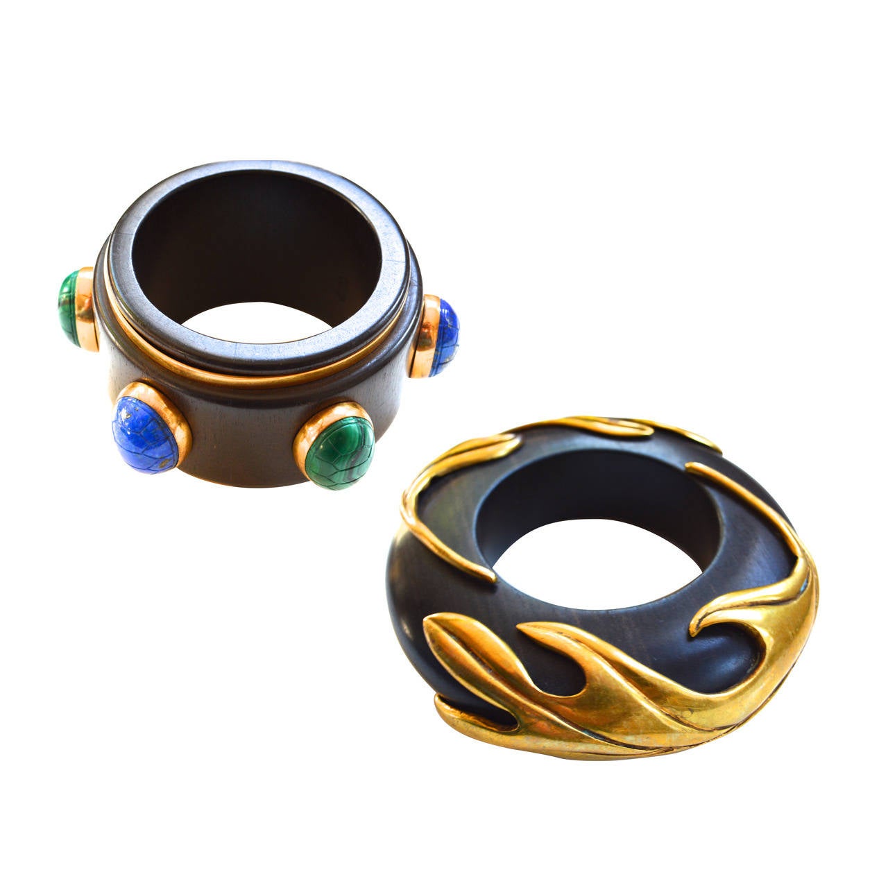 Isabel Canovas Wood Scarab and Flame Cuffs, 1980s  For Sale