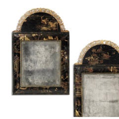 A Pair of Black, Gilt & Red Lacquer Crested Mirrors