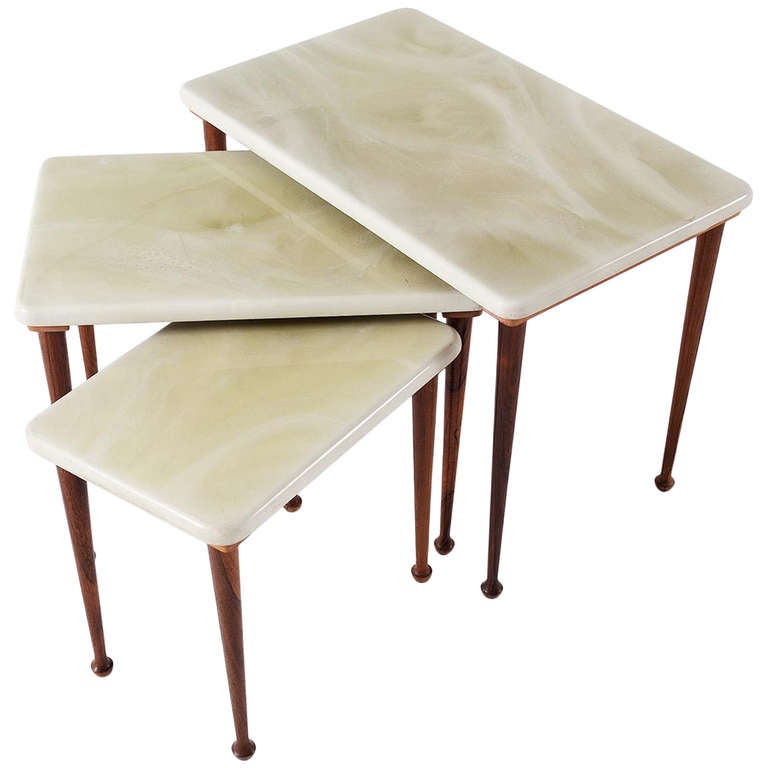 Set Of 3 Nesting Tables With Mint Green Parchment And Rosewood Legs at